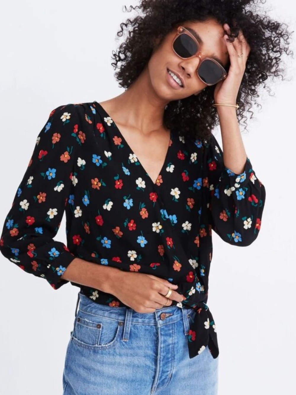 Madewell black "Pressed Flowers" print floral wrap top S/M